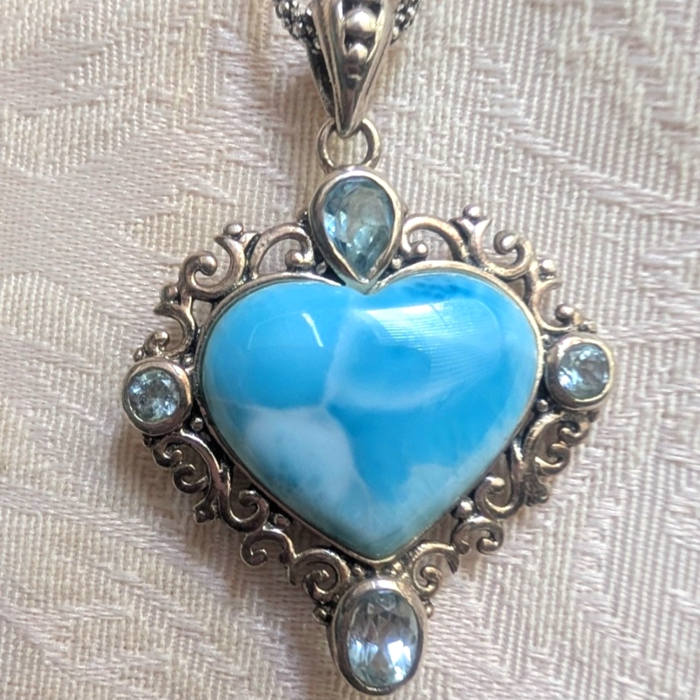 Large JTV Sterling Silver Larimar heart Topaz Scroll Stunning
